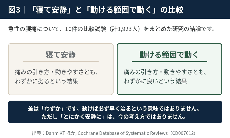 急性腰痛で寝て安静にする場合と動ける範囲で動く場合を比較した研究結果の図
