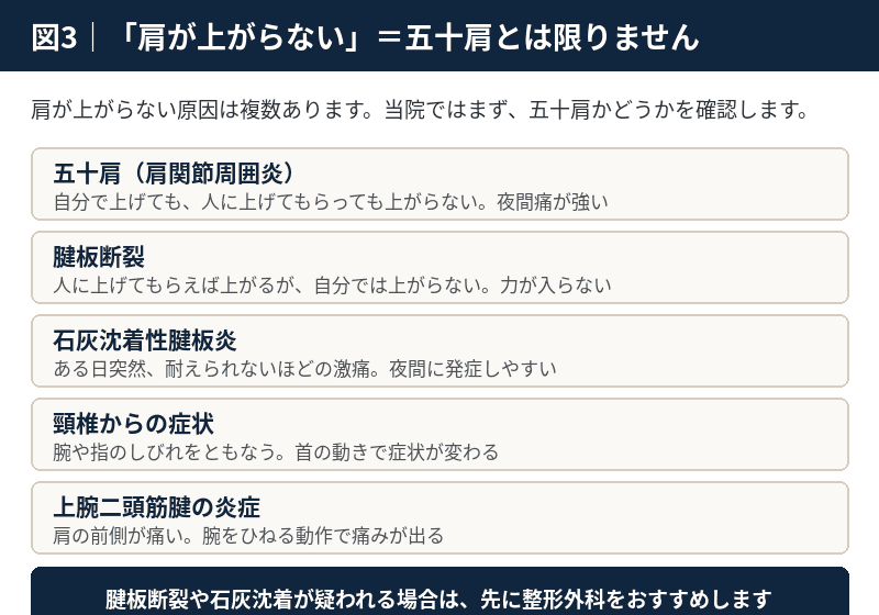 五十肩・腱板断裂・石灰沈着性腱板炎・頸椎からの症状など、肩が上がらない原因の見分け方の一覧