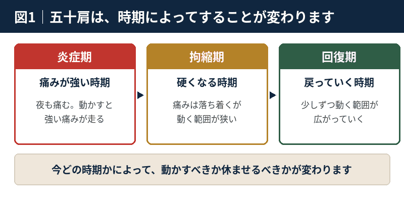五十肩の炎症期・拘縮期・回復期の特徴を並べた図