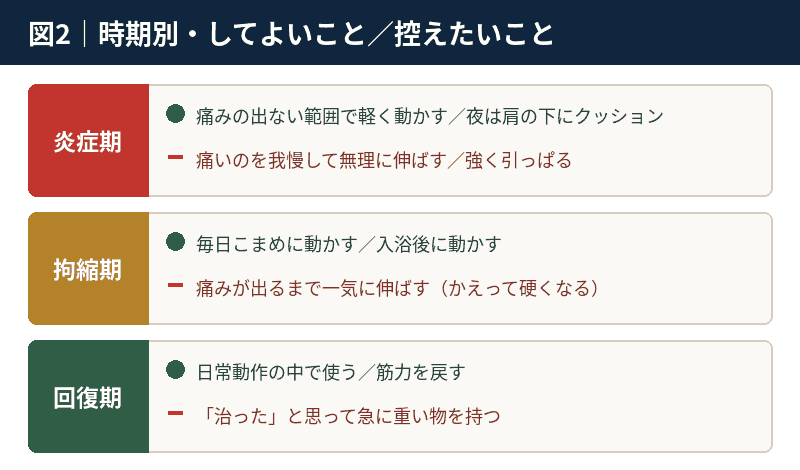 五十肩の時期ごとにしてよいことと控えたいことを整理した図