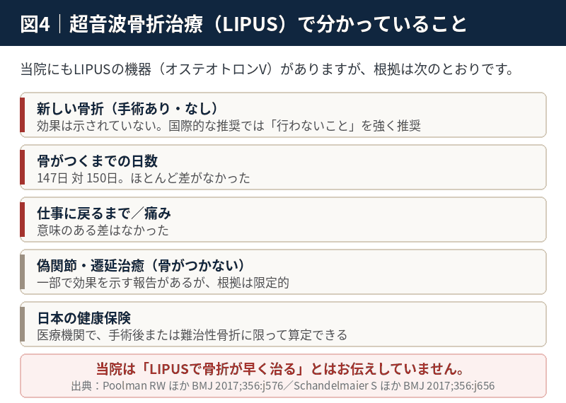 新鮮骨折・偽関節・日本の保険適用それぞれについてLIPUSの根拠を整理した図