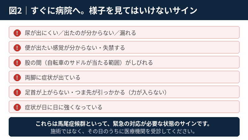 馬尾症候群のサイン|排尿排便の異常・サドル領域のしびれ・両脚の症状・足首が上がらない・症状の増悪